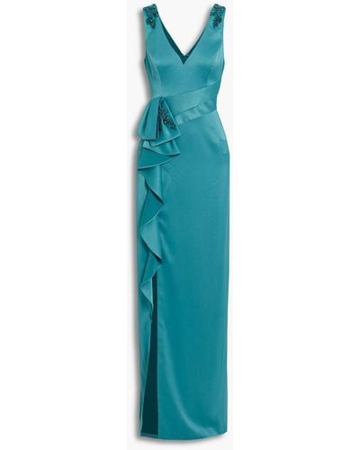 Marchesa Verzierte robe aus glänzendem crêpe mit rüschen - Blau