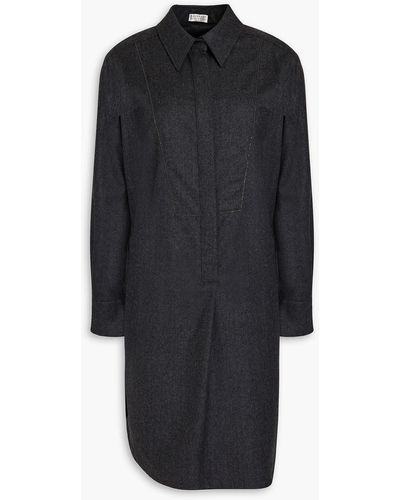 Brunello Cucinelli Bead-embellished Wool-flannel Shirt Dress - Black
