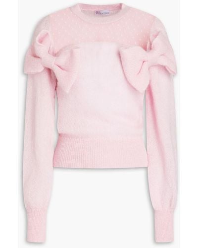RED Valentino Bow-embellished Point D'esprit-paneled Wool-blend Sweater - Pink