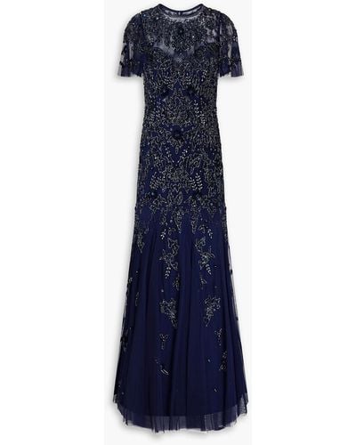 Aidan Mattox Md1e207347 Beaded Illusion Neckline Embellished Gown - Blue