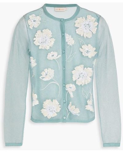 Tory Burch Acqua Gloss Sequin-embellished Embroidered Mesh Cardigan - Blue