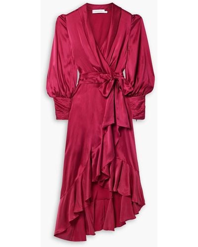 Zimmermann Asymmetric Ruffled Silk-satin Midi Wrap Dress - Red