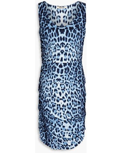 Roberto Cavalli Ruched Leopard-print Stretch-jersey Mini Dress - Blue
