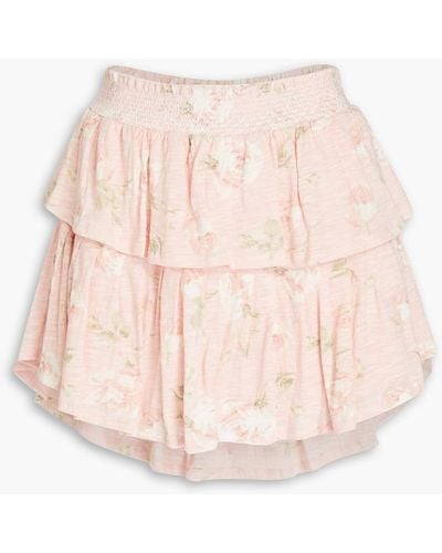 LoveShackFancy Tiered Floral-print Slub Cotton-jersey Mini Skirt - Pink