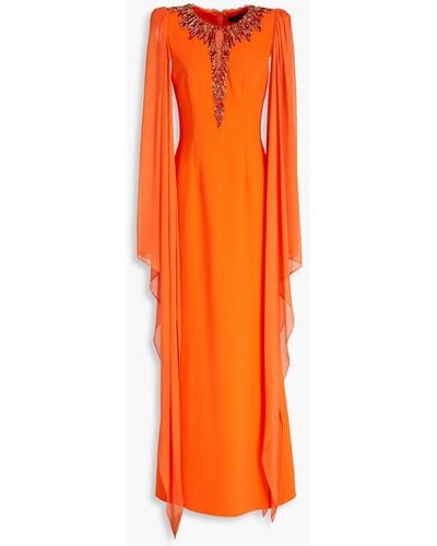 Jenny Packham Cape-effect Crystal-embellished Silk-georgette And Crepe Gown - Orange