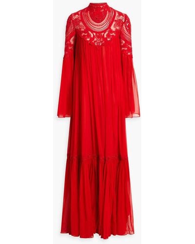 Costarellos Gathe Silk-chiffon And Crocheted Lace Gown - Red