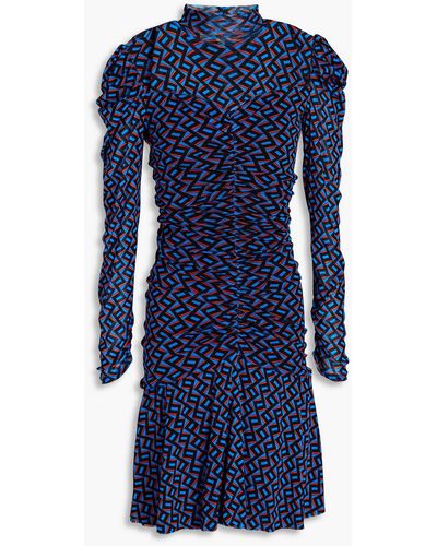 Diane von Furstenberg Karli Ruched Printed Stretch-mesh Mini Dress - Blue