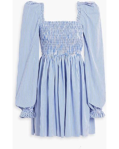 The Vampire's Wife Shirred Gingham Cotton Mini Dress - Blue