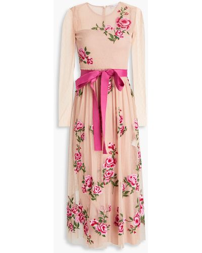 RED Valentino Belted Embroidered Tulle And Point D'esprit Midi Dress - Pink