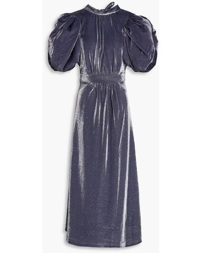 ROTATE BIRGER CHRISTENSEN Cutout Gathered Metallic Jersey Midi Dress - Blue