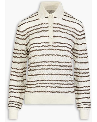Giuliva Heritage The Emera Striped Pointelle-knit Linen And Silk-blend Polo Sweater - White