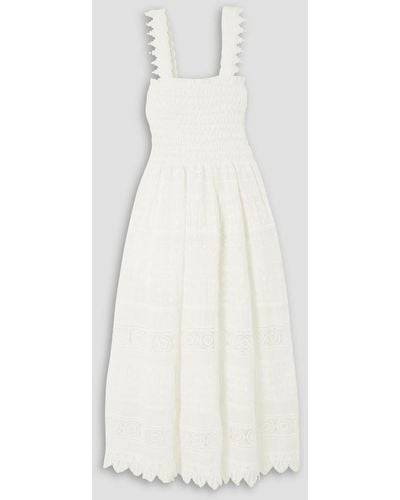 Waimari Varadero Shirred Cotton-blend Voile And Lace Midi Dress - White