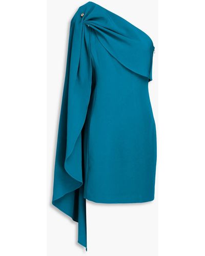 Halston Malina One-shoulder Draped Twill Mini Dress - Blue
