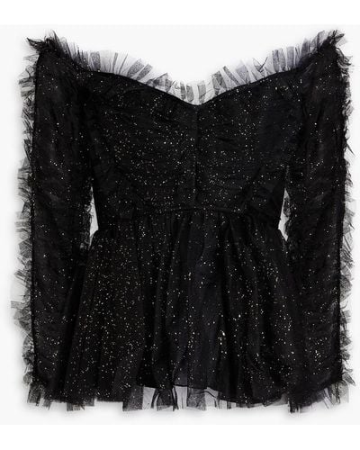 Zimmermann Off-the-shoulder Ruffled Glittered Tulle Peplum Top - Black