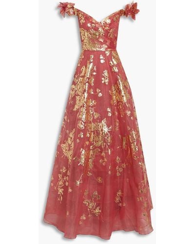 Marchesa Off-the-shoulder Floral-appliquéd Printed Organza Gown - Multicolour