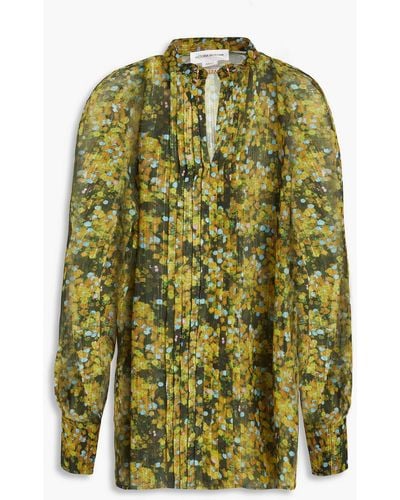 Victoria Beckham Pleated Metallic Floral-print Chiffon Shirt - Green