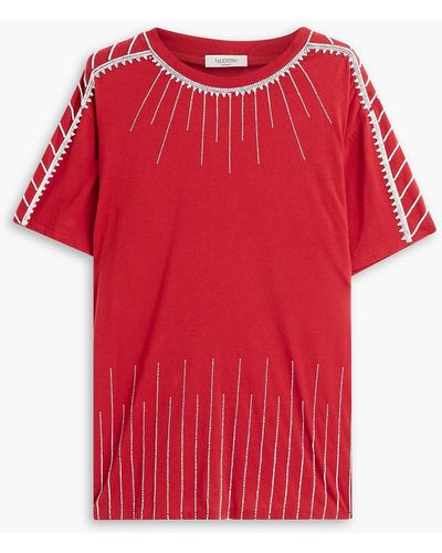 Valentino Bead-embellished Cotton-jersey T-shirt - Red