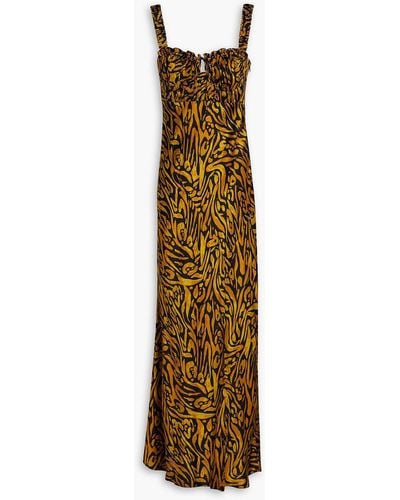 Nicholas Nina Gathered Printed Silk-satin Maxi Dress - Metallic