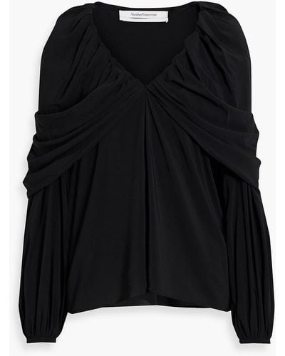 Another Tomorrow Cape-effect Ruched Crepe Top - Black