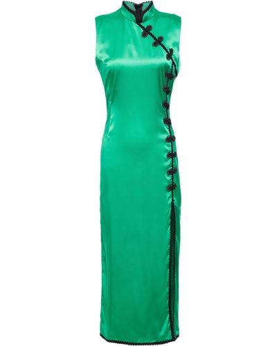 De La Vali Jean Appliquéd Satin Midi Dress Jade - Green