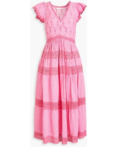 LoveShackFancy Abena Crocheted Lace-trimmed Polka-dot Cotton Midi Dress - Pink