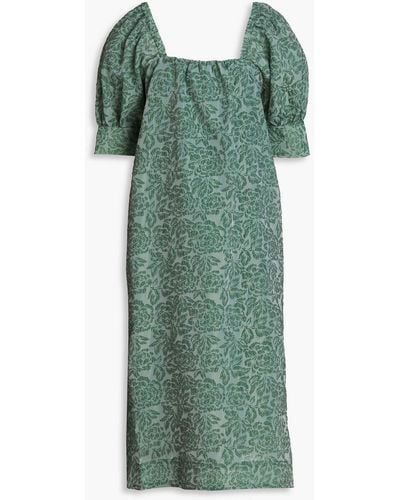 Ganni Floral-jacquard Organza Midi Dress - Green
