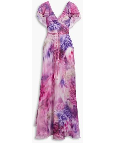 Marchesa Ruffled Bow-embellished Floral-print Chiffon Gown - Purple
