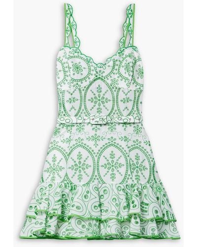 Charo Ruiz Marianne Belted Ruffled Broderie Anglaise Cotton-blend Mini Dress - Green