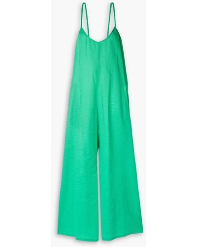 Rivet Utility Sun Goddess Cotton-seersucker Wide-leg Jumpsuit - Green