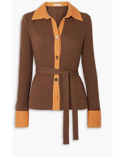 Rejina Pyo Blake Belted Ribbed Stretch Cotton And Modal-blend Cardigan - Brown