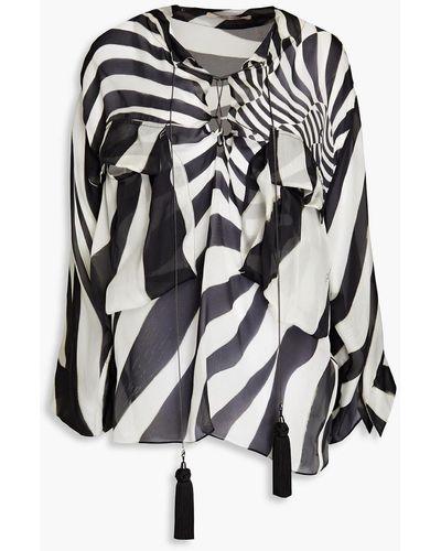 Roberto Cavalli Bluse aus seidenchiffon mit troddeln und print - Schwarz