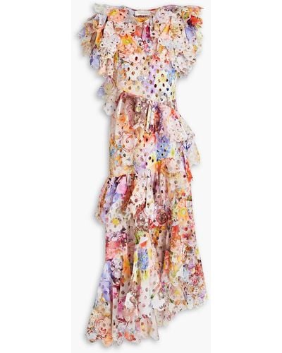 Zimmermann Asymmetric Ruffled Laser-cut Floral-print Crepe Dress - White
