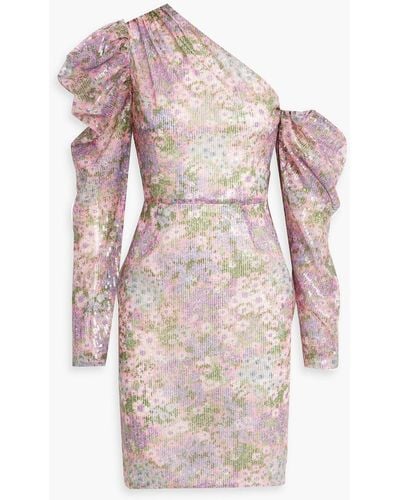 Les Rêveries One-shoulder Floral-print Sequined Tulle Mini Dress - Pink