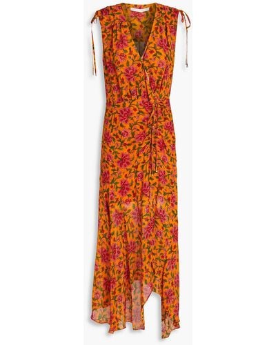 Veronica Beard Dovima Ruched Wrap-effect Floral-print Silk-chiffon Maxi Dress - Orange