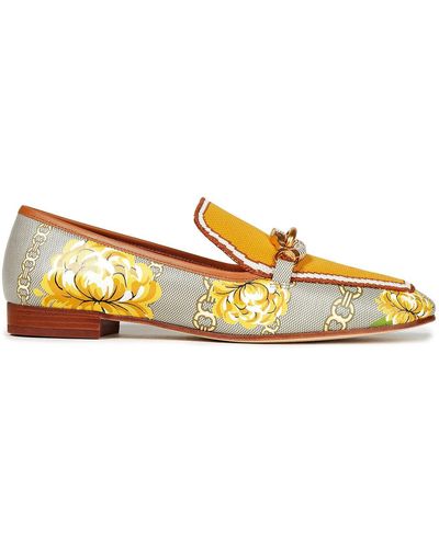 Tory Burch Printed Leather And Jacquard-knit Loafers - Yellow