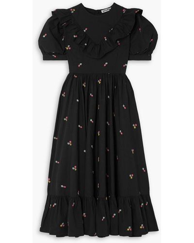 BATSHEVA May Ruffled Embroidered Cotton-poplin Midi Dress - Black