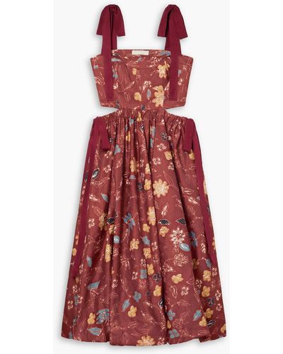 Ulla Johnson Gabrielle Cutout Tie-detailed Floral-print Sateen Midi Dress - Red