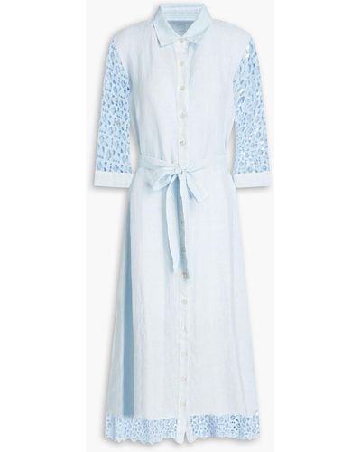 120% Lino Embellished Lace-paneled Linen Midi Shirt Dress - Blue