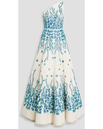 Andrew Gn One-shoulder Embroidered Silk-blend Tulle Gown - Blue