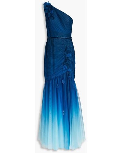 Marchesa Robe aus tüll mit floralen applikationen, farbverlauf und asymmetrischer schulterpartie - Blau