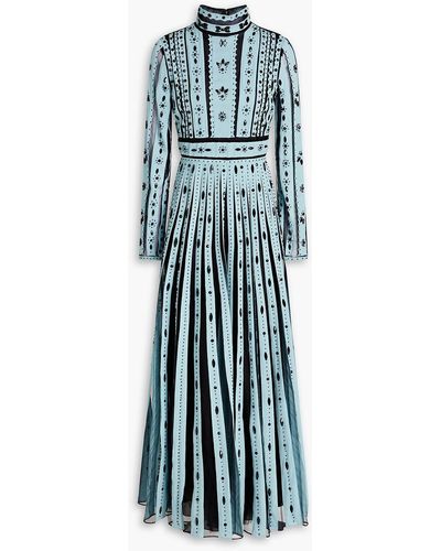 Valentino Embellished Crepe De Chine And Tulle Maxi Dress - Blue