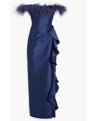 Badgley Mischka Off-the-shoulder Feather-trimmed Ruffled Faille Gown - Blue