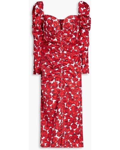 Carolina Herrera Ruched Floral-print Cotton-blend Poplin Midi Dress - Red