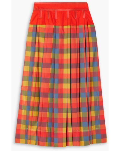Tory Burch Veronica Pleated Checked Cotton-poplin Maxi Skirt - Red