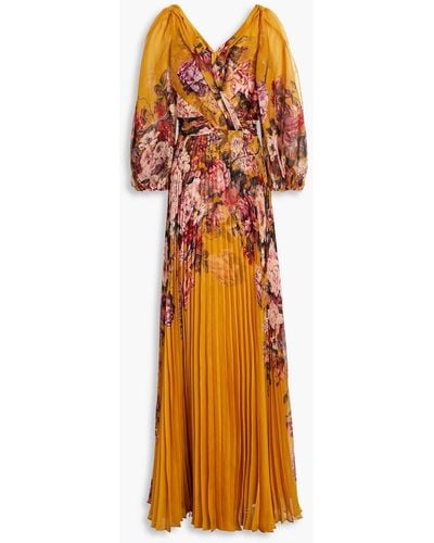 Marchesa Robe aus plissiertem satin mit floralem print - Orange