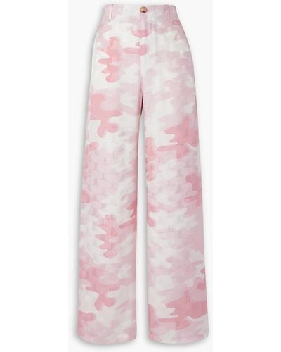 Lanvin Camouflage-print Silk-blend Jacquard Wide-leg Trousers - Pink