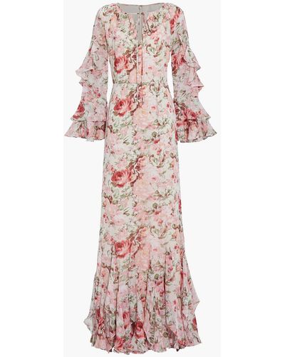 Mikael Aghal Tie-neck Ruffled Floral-print Georgette Maxi Dress - Pink