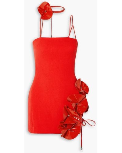 David Koma Crystal-embellished Appliquéd Patent-leather And Wool-crepe Mini Dress - Red