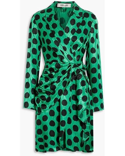 Diane von Furstenberg Comet Wrap-effect Polka-dot Satin-jacquard Mini Dress - Green