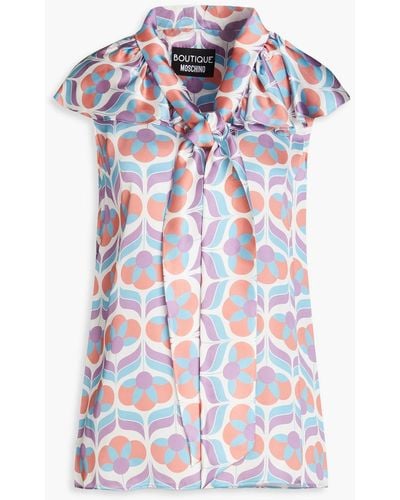 Boutique Moschino Pussy-bow Ruffled Printed Silk-blend Satin Top - Purple